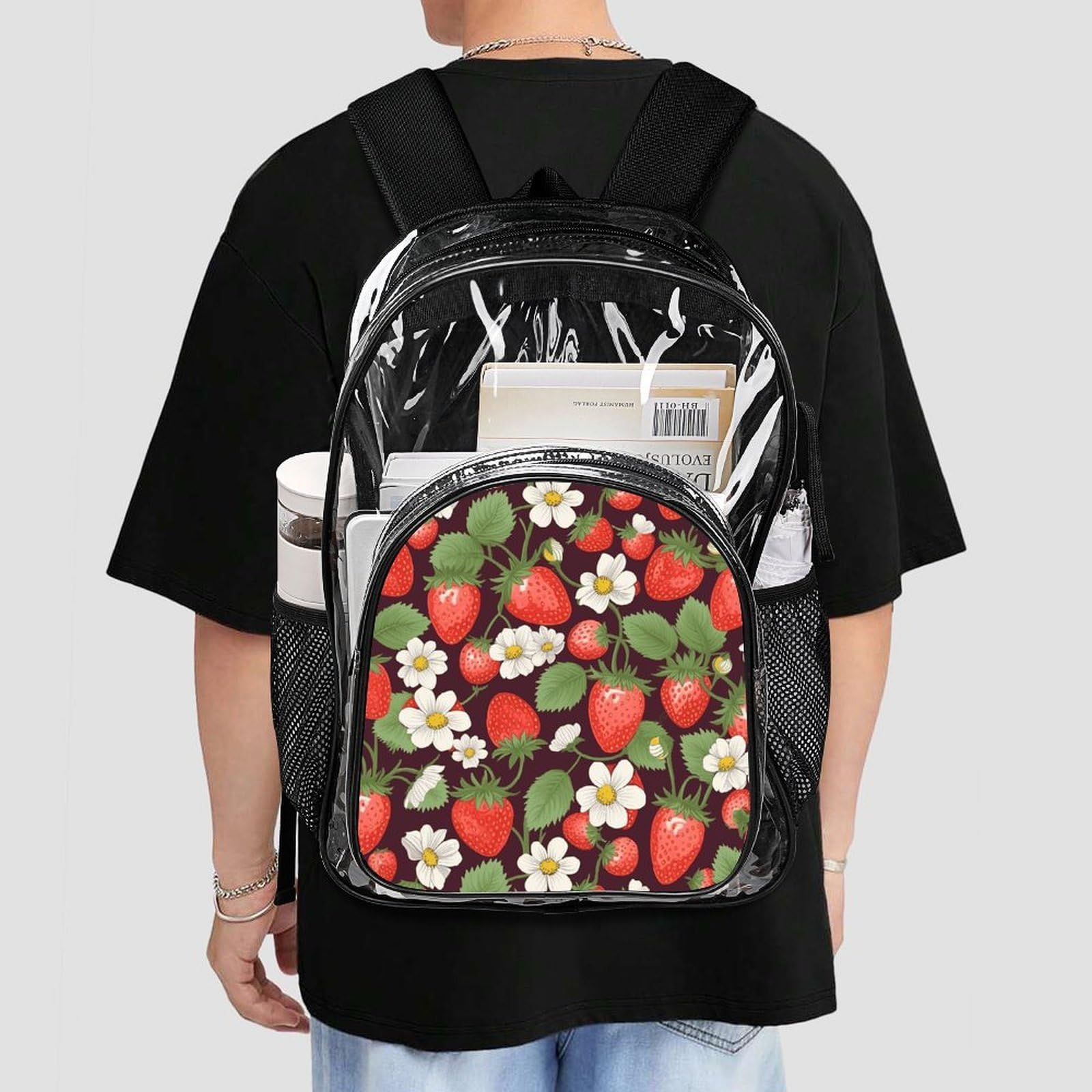 Strawberry3 Transparenter Rucksack, groß, transparent, PVC, Büchertasche für Sicherheit, Arbeit, Reisen, Stadion