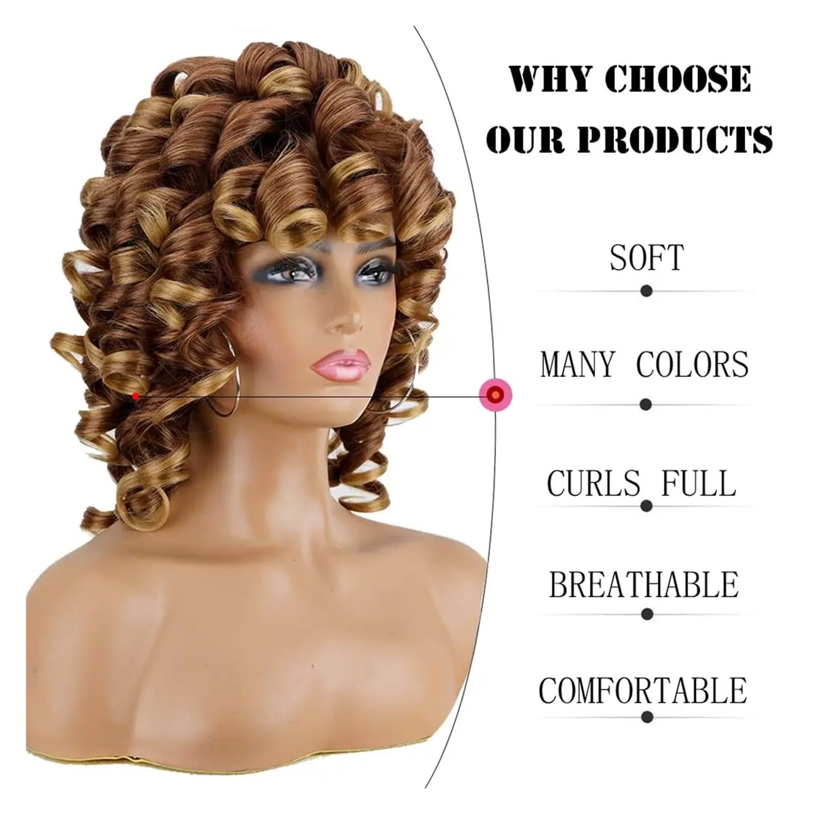 1 Stück Schwarze Kurze lockige Perücke, weich, braun, blond, große Locken mit Pony, lockiges Haar, hitzebeständig, for Damen, täglich, synthetische