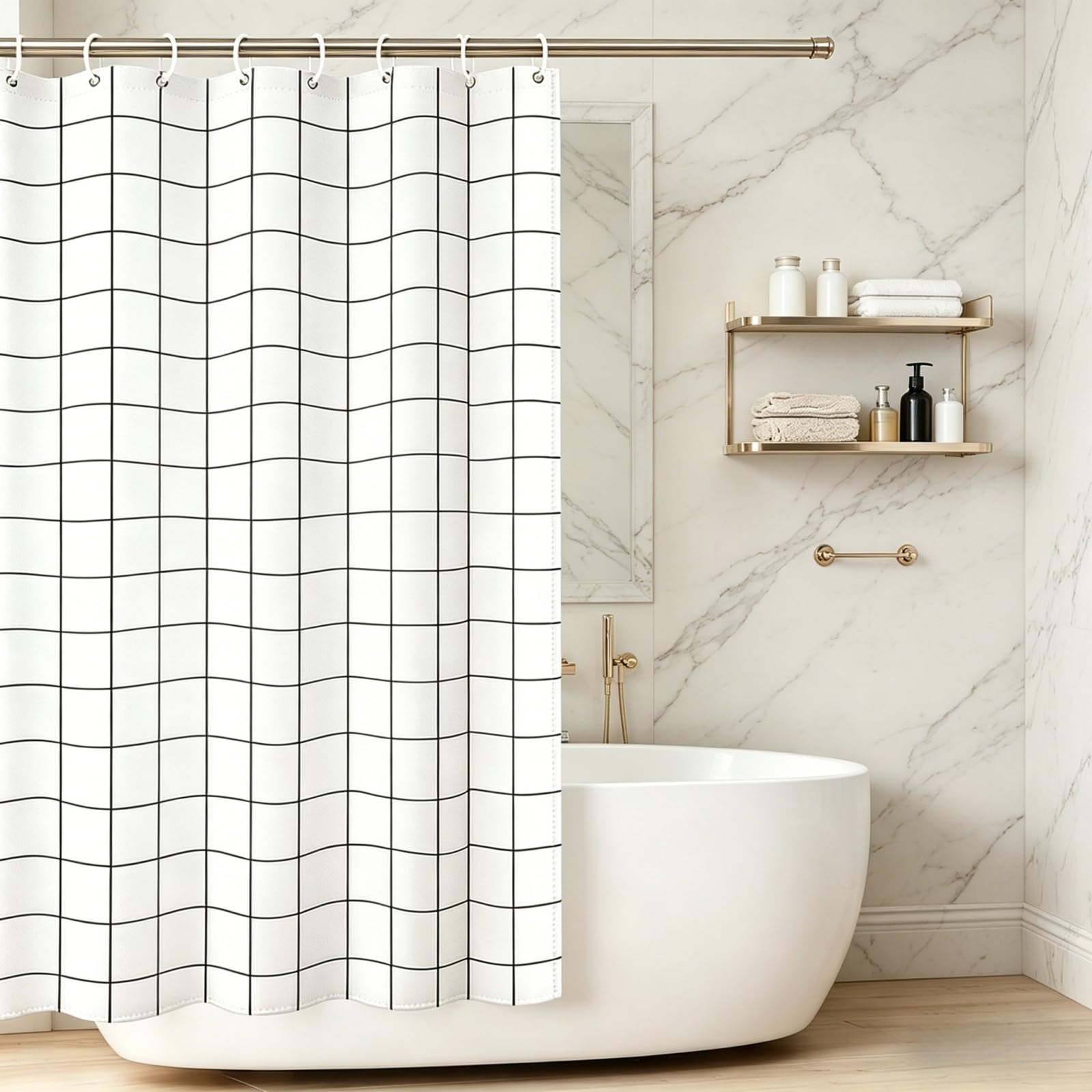 Cortina Ducha 170 x 245 cm Lavable, Impermeable Cortina de Ducha de Poliéster Dobladillo Ponderado para Familia, Hotel, Duchas, Bañeras y Cuartos de Baño, en Blanco y Negro