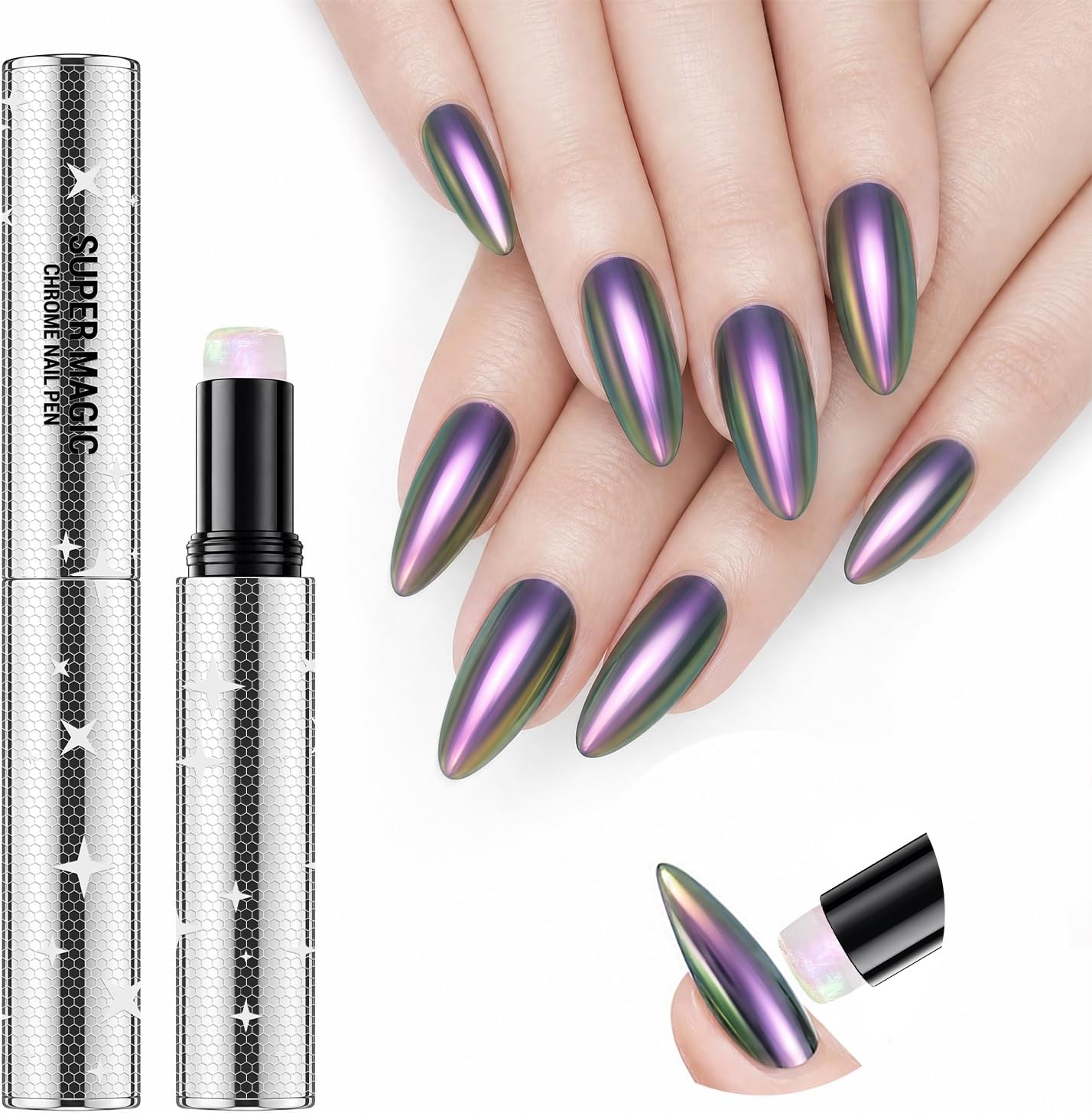 Holographic Chrome Nail Powder Pen, Iridescent Aurora Rainbow Metallic Cushion Magic Pen, Shimmer Nail Chrome Powder Pigment Tool for Home DIY Salon, 0.3g