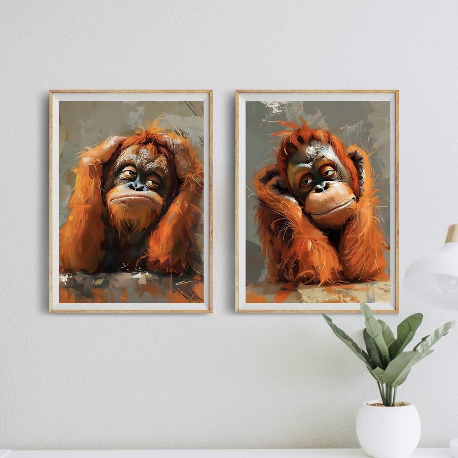 TONGYINLI Zabawny obraz orangutan, abstrakcyjny wydruk na płótnie zestaw plakatów: humorystyczny obraz ścienny ze zwierzęciem do pokoju dziecięcego dekoracja ścienna do domu (70 x 90 cm x 2/rama
