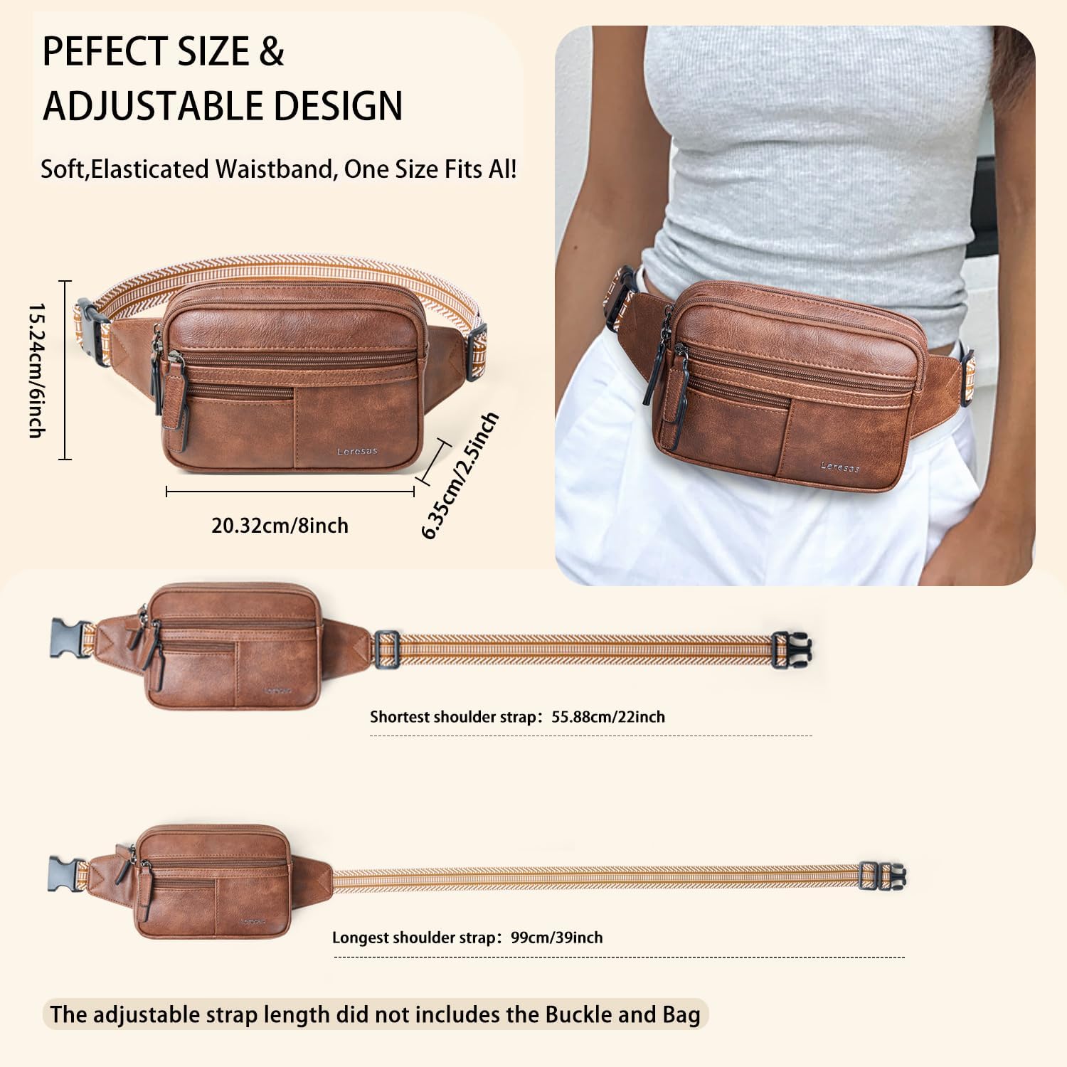 Leresas Fanny Packs for Women Vegan Leather Belt Bag Chic Cross Body Waist Pack Waist Purse for Travel Hiking Running Brown