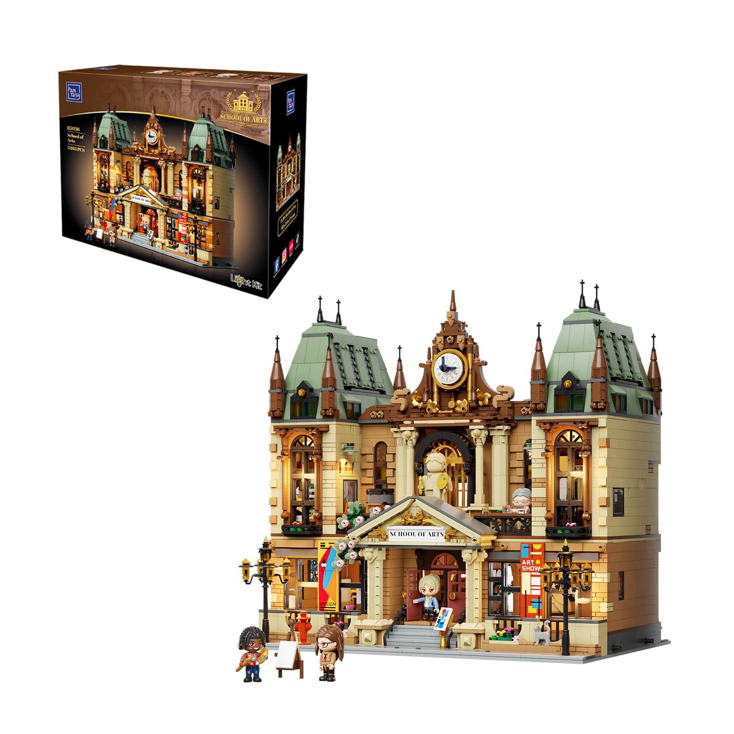 PANTASY Kunstakademie, modulares Klemmbausteine Set | 3-stöckige europäische Kunstschule mit detailreichen Ateliers und Innenräumen für modulare Straßenszenen