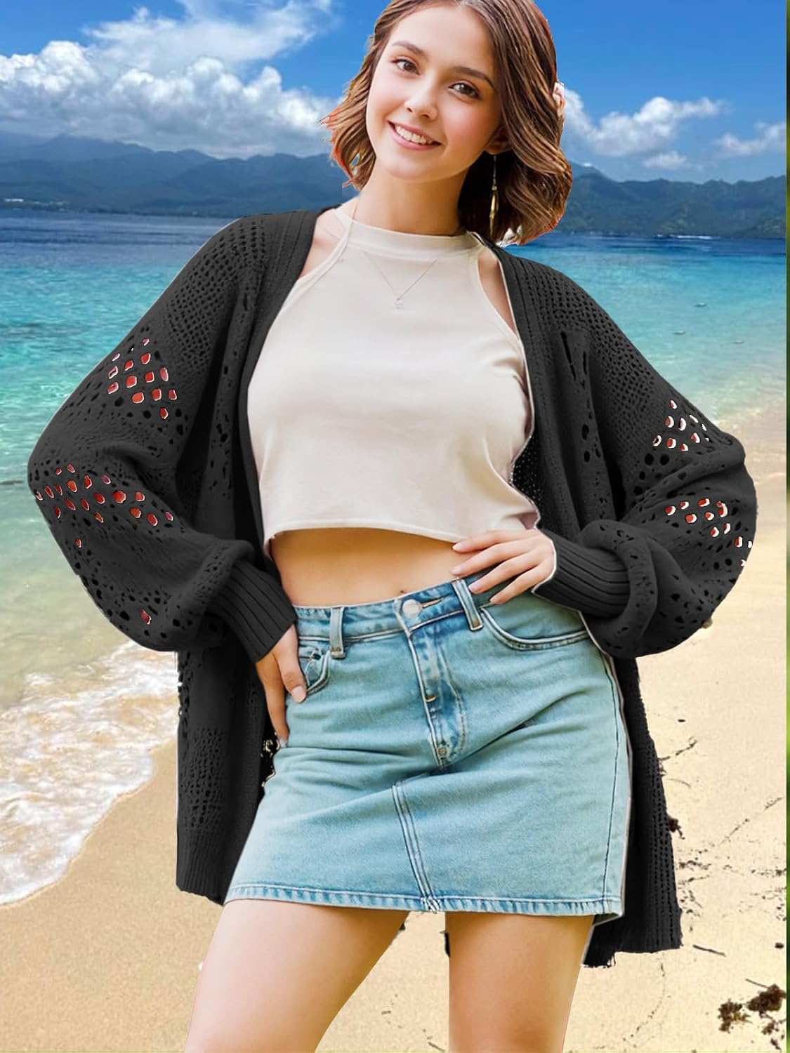 Condition photo showing Good Condition for wiffgo womens summer crochet lightweight cardigan sweaters boho kimono long sleeve open front knitted outwear outfits large a-black