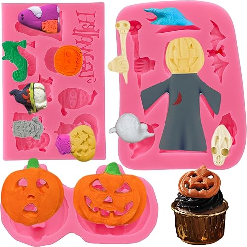 Moldes de silicona para fondant de Halloween, paquete de 3 moldes de calabaza para espantapájaros, molde para pasteles, molde de chocolate,