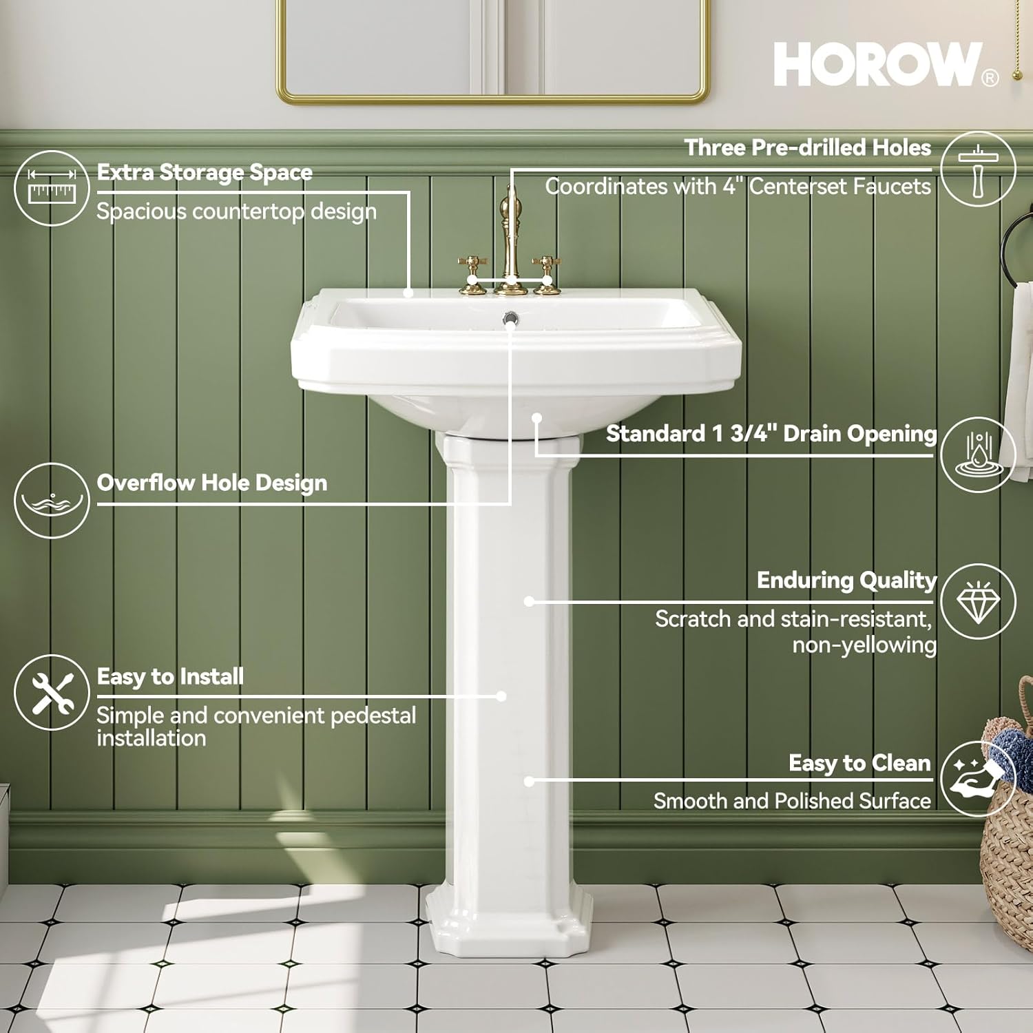 HOROW 23 x 19 Inch Pedestal Sink, Rectangular White Ceramic Bathroom Sink with Overflow, Small Bath Pedestal Sink Combo with 3 Faucet Holes for 4" Faucet Centers