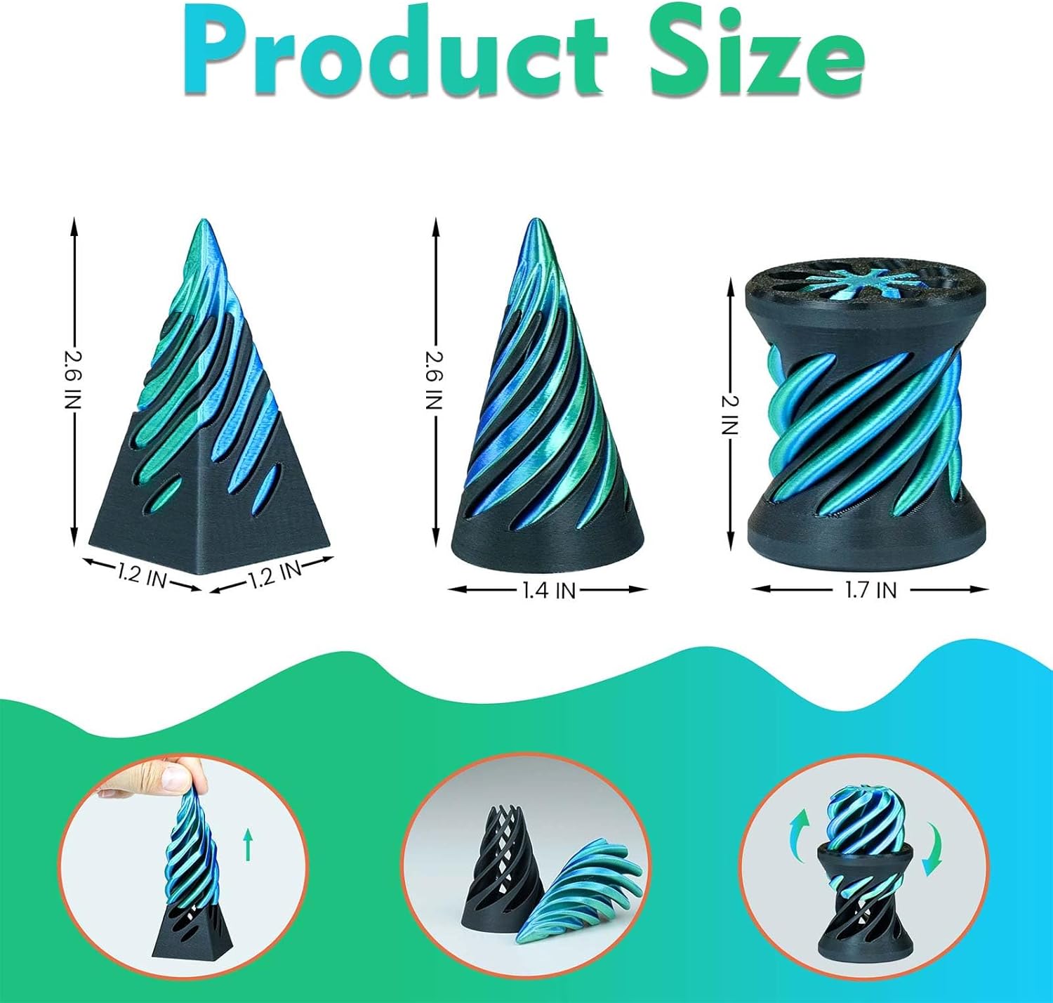 3PCS Impossible Cone,3D Printed Spiral Cone Fidget Toys,Impossible Pyramid Passthrough Sculpture,Stress Relieving Toys for Adults and Kids,Stocking Filler White Elephant Gifts (Green+Black)
