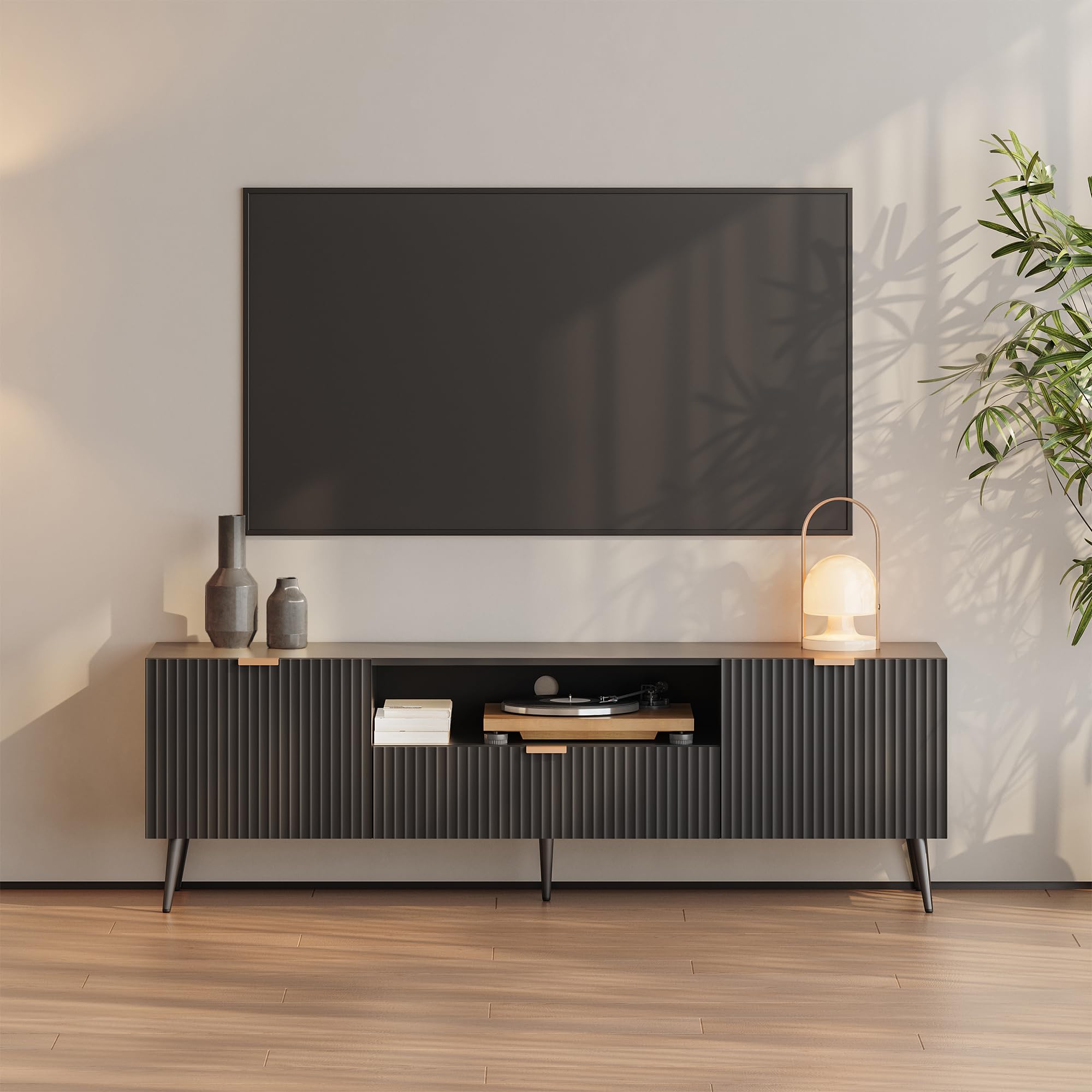 [en.casa] TV Schrank Nand Lowboard mit 2 Türen geriffelt Fernsehschrank mit Schublade 160 x 40 x 51 cm Sideboard Kommode Fernsehtisch Schwarz