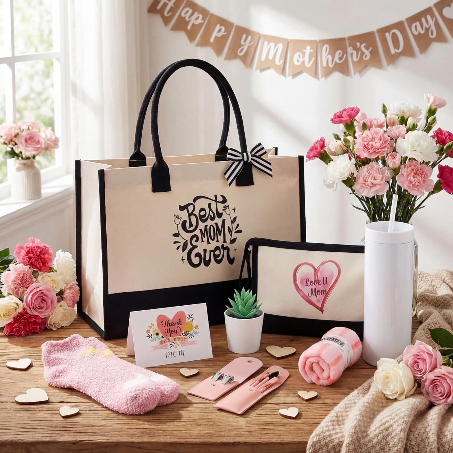 Skylety 10 Pcs Mother's Day Unique Gift Basket for Women Mom from Daughter Son Kids, Best Mom Gifts for Women, Present Tumbler Socks for Wife from Husband(White,Simple Style)