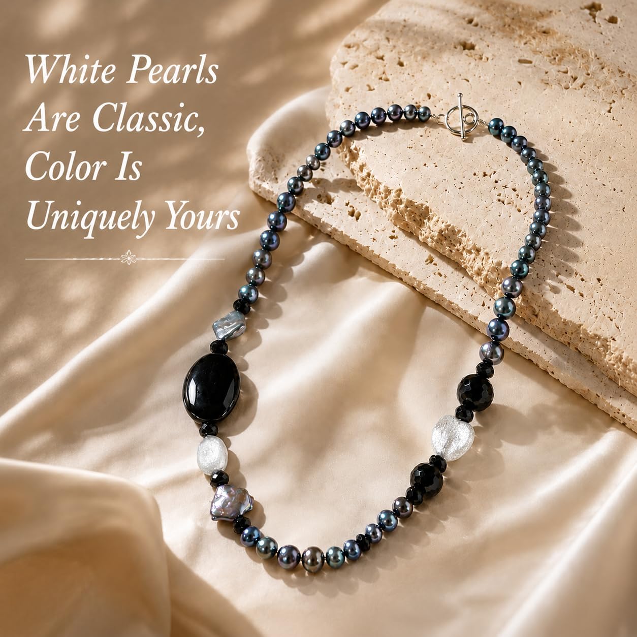 20" Freshwater Pearl Necklace, Handmade with 9-10mm Cream Round Pearls, Agate Turquoise- Gift for Mother, Wife, Anniversary Luxury Jewelry Gift