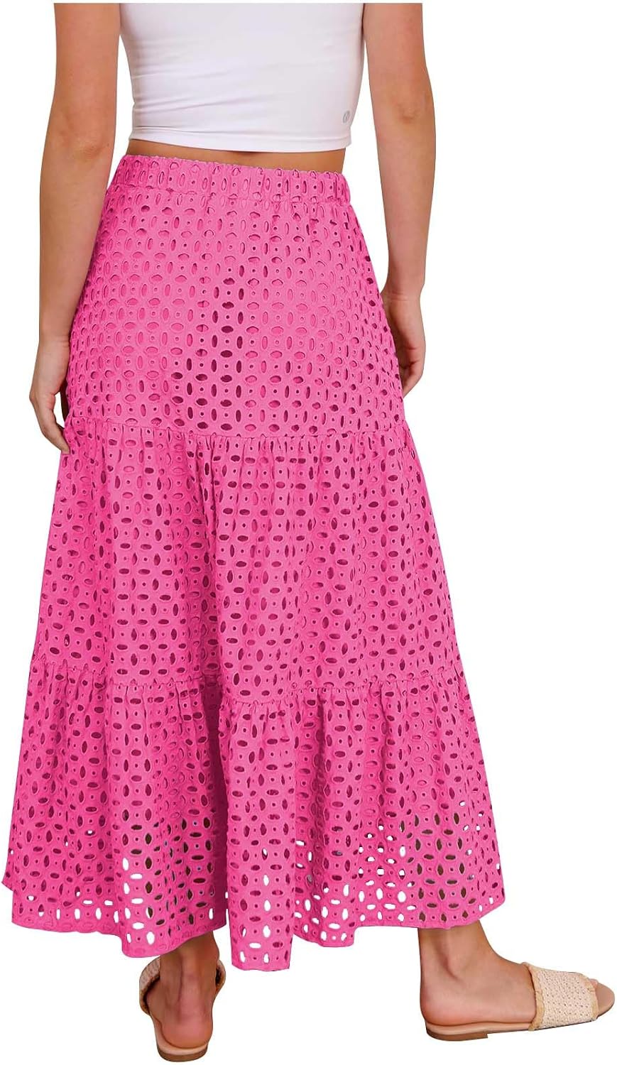 Womens Summer Casual Eyelet Bohemian Maxi Skirt with Pockets Beach Vacation Long Skirt with Mini Underneath