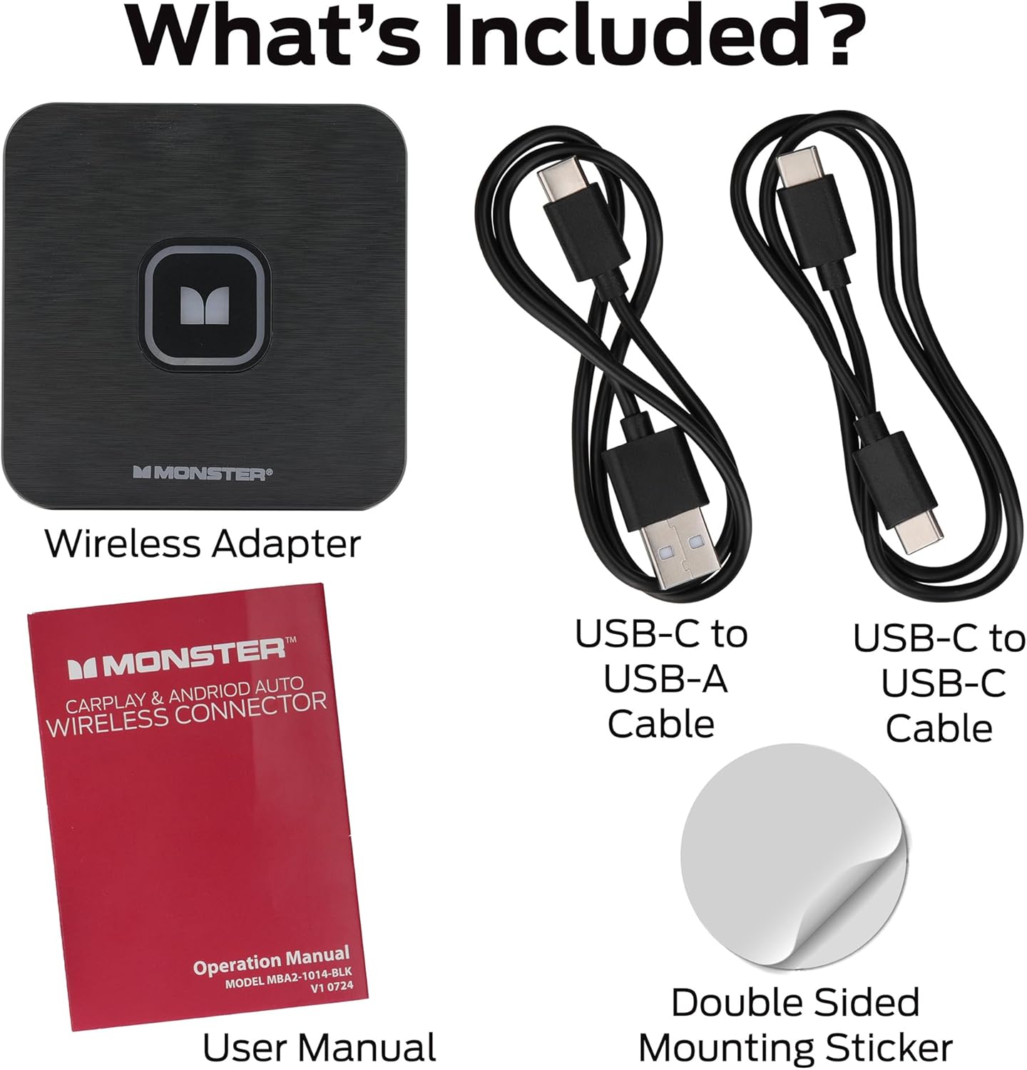 Contents of the Monster Wireless CarPlay and Android Auto Adapter package, including the adapter, two USB cables, user manual, and mounting sticker.