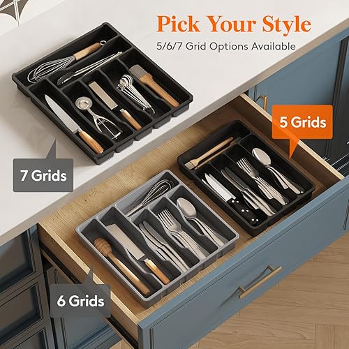 Miniatura 7 de Lifewit Bandeja organizadora de cajones de cubiertos, almacenamiento de cubiertos de plástico para cajón de cocina, divisor de cubiertos y