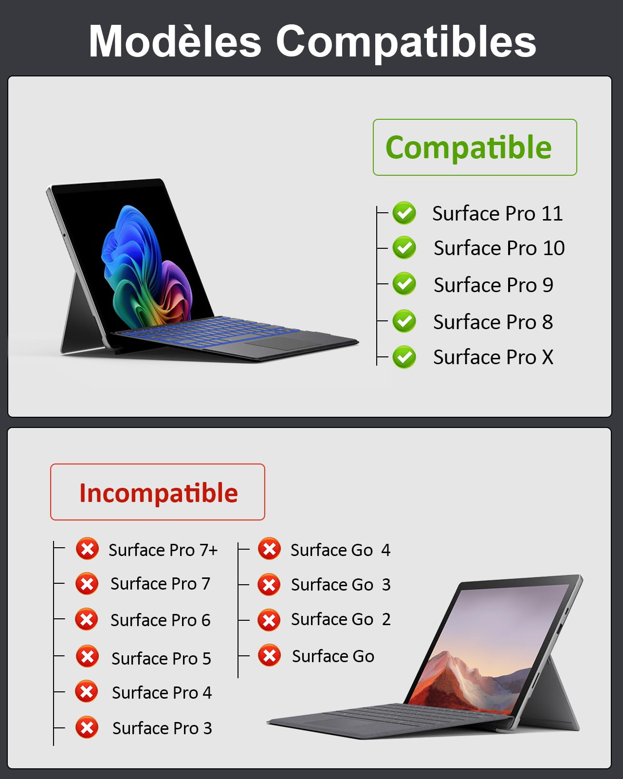 MoKo Clavier Français Compatible avec Microsoft Surface Pro 12 (13 Pouces 12ᵉ Génération 2026)/11/10/ 9/8/ X, Clavier AZERTY Bluetooth avec Pavé Tactile, Rétroéclairage 7 Couleurs, Rechargeable