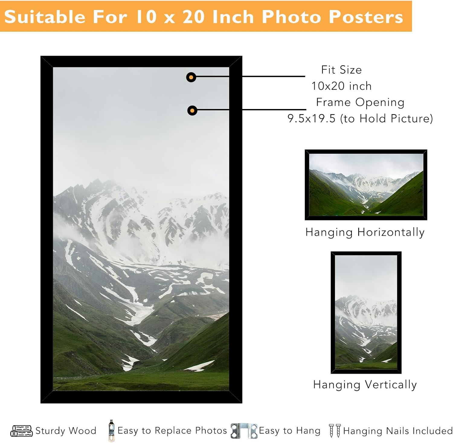 10x20 Picture Frame Black for Wall Mounting, Horizontal and Vertical Formats for Wall Hanging, Wood 10x20 Frame, Black, 1 Pack 1 10x20
