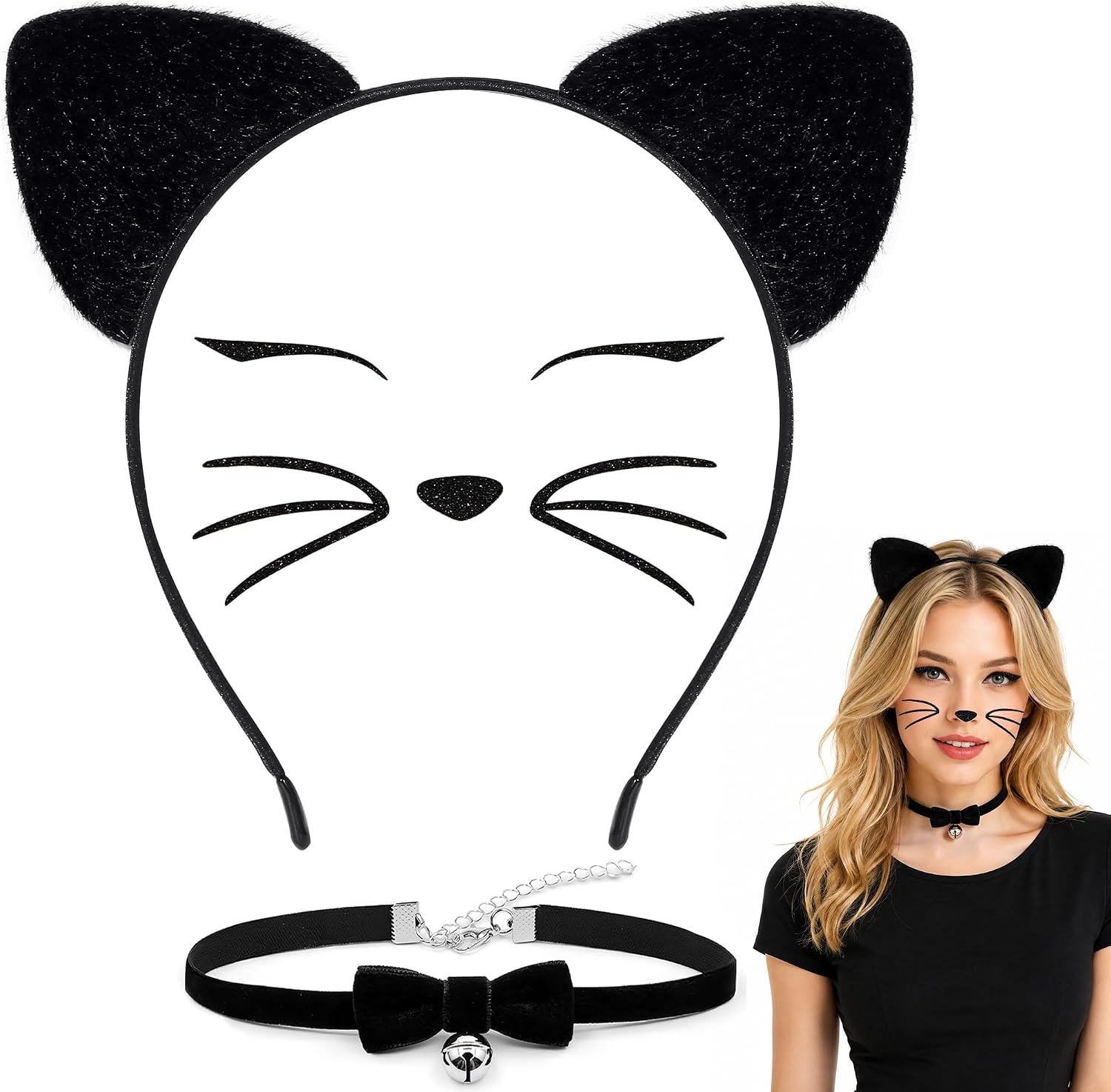 MUKOSEL Cat Ears Headband, Bell Collar Cat Face Stickers Cat Costumes Women