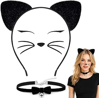 MUKOSEL Black Cat Ears Headband with Bell Collar Set, Black Cat Costumes for Women, Cat Costume Accessories Halloween Cosplay Party Costumes for Adults Women