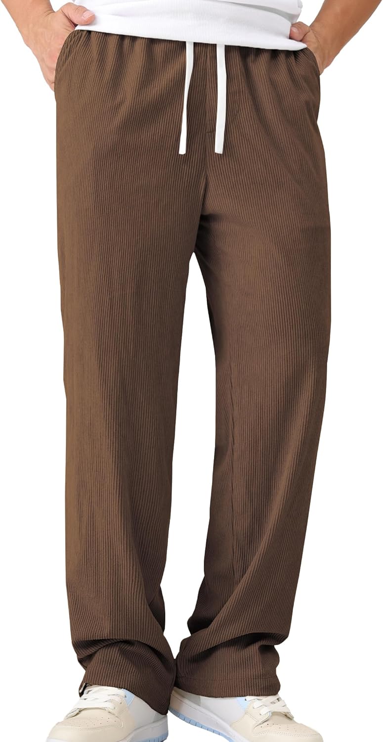 Mens Casual Corduroy Pants Lightweight Elastic Waist Drawstring Pants Straight Baggy Pants with Pockets - Image 2