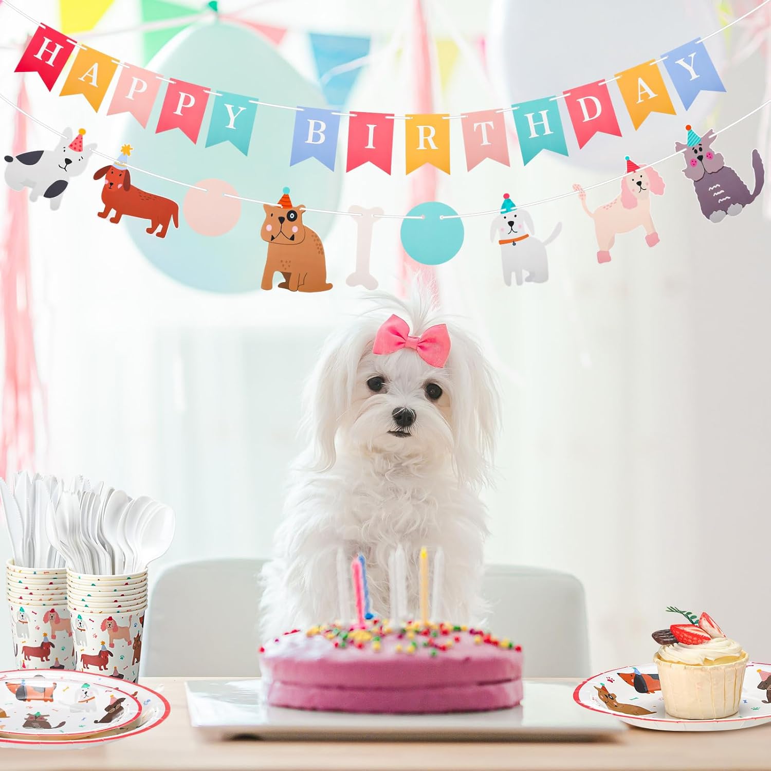 Qinyoung 176 Pcs Dog Birthday Party Supplies Disposable Tableware Set Serves 25 Cute Dog Themed Paper Plates Napkins Cups Cutlery with Banner for Birthday Decorations