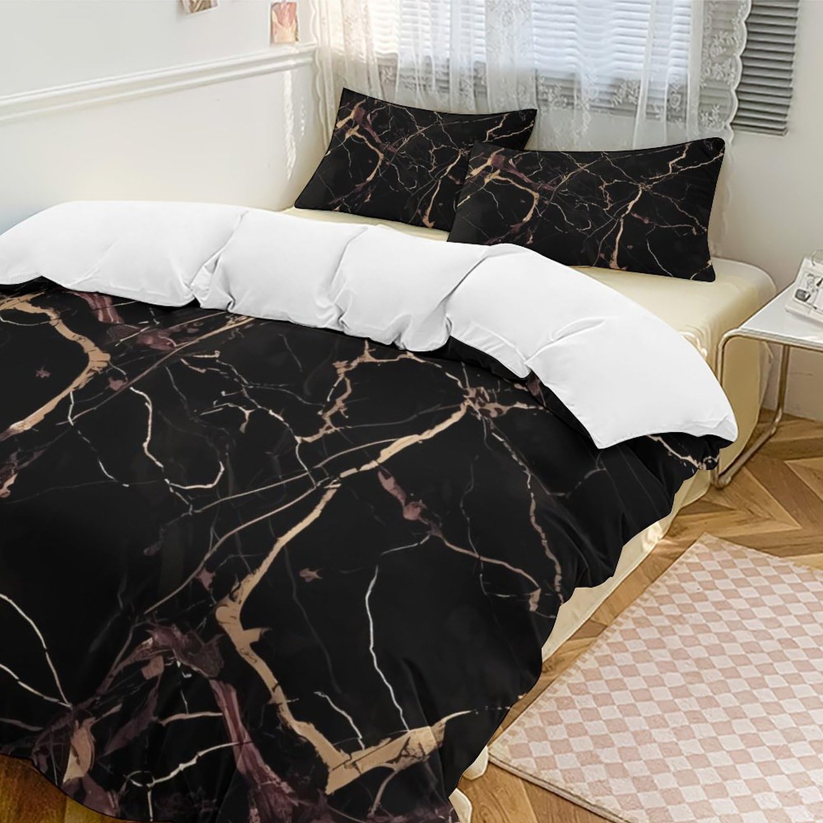 Parure de lit marbre noir chic grand confort toutes saisons pour lit king size