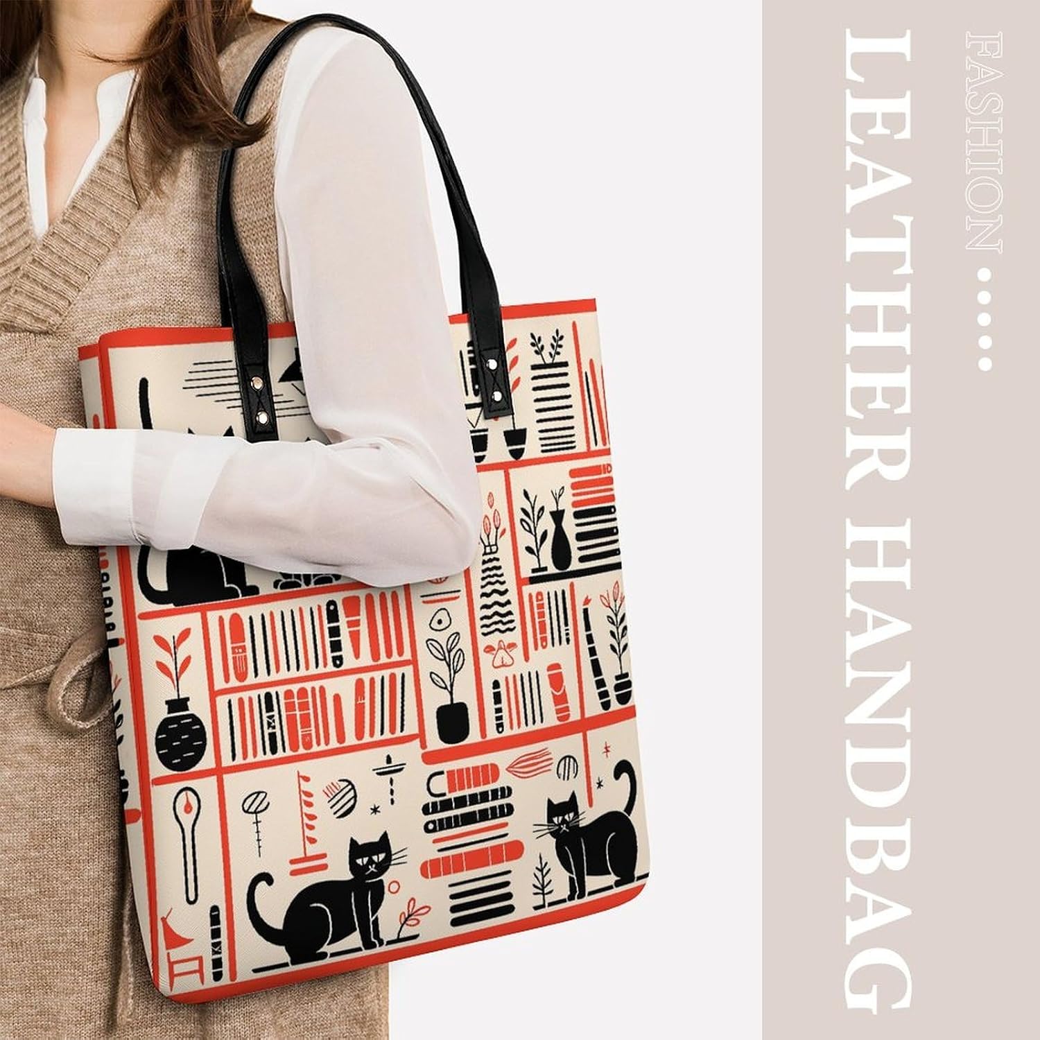 Book Or Cat Handbags Large Capacity, Tote Bag Stylish Slouchy, Shoulder Bags for Work Beach Travel And Shopping Grocery.