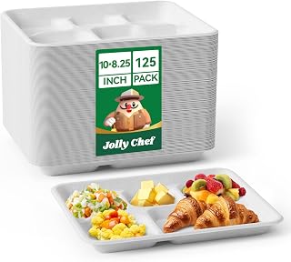 JOLLY CHEF Compostable 𝟱 Compartment Paper Plates 10*8.25*1 𝗶𝗻𝗰𝗵 [𝟭𝟮𝟱 𝗣𝗮𝗰𝗸] Small Heavy Duty Divided Disposable White Eco-Friendly Biodegradable Container Food Tray for School Lunch Buffet