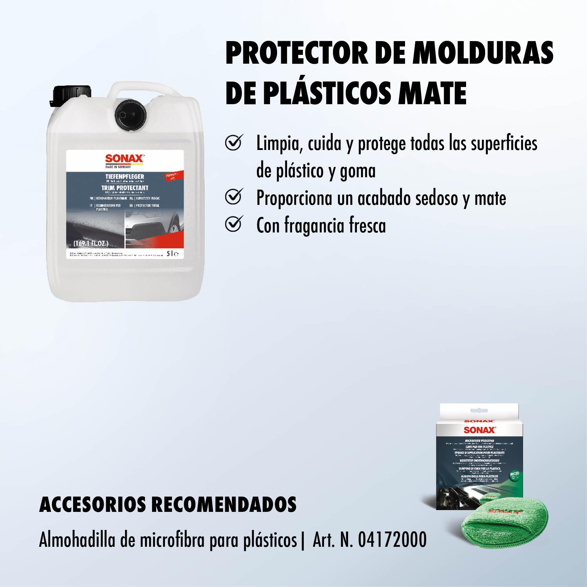 SONAX Deep Care Silk Matt (5 litros) limpiador de plástico y goma para un cuidado intensivo + protección de las superficies tratadas. Nutre y abrillanta | N.° 03835000 | Limpia a fondo el plástico y la goma y deja una capa sedosa