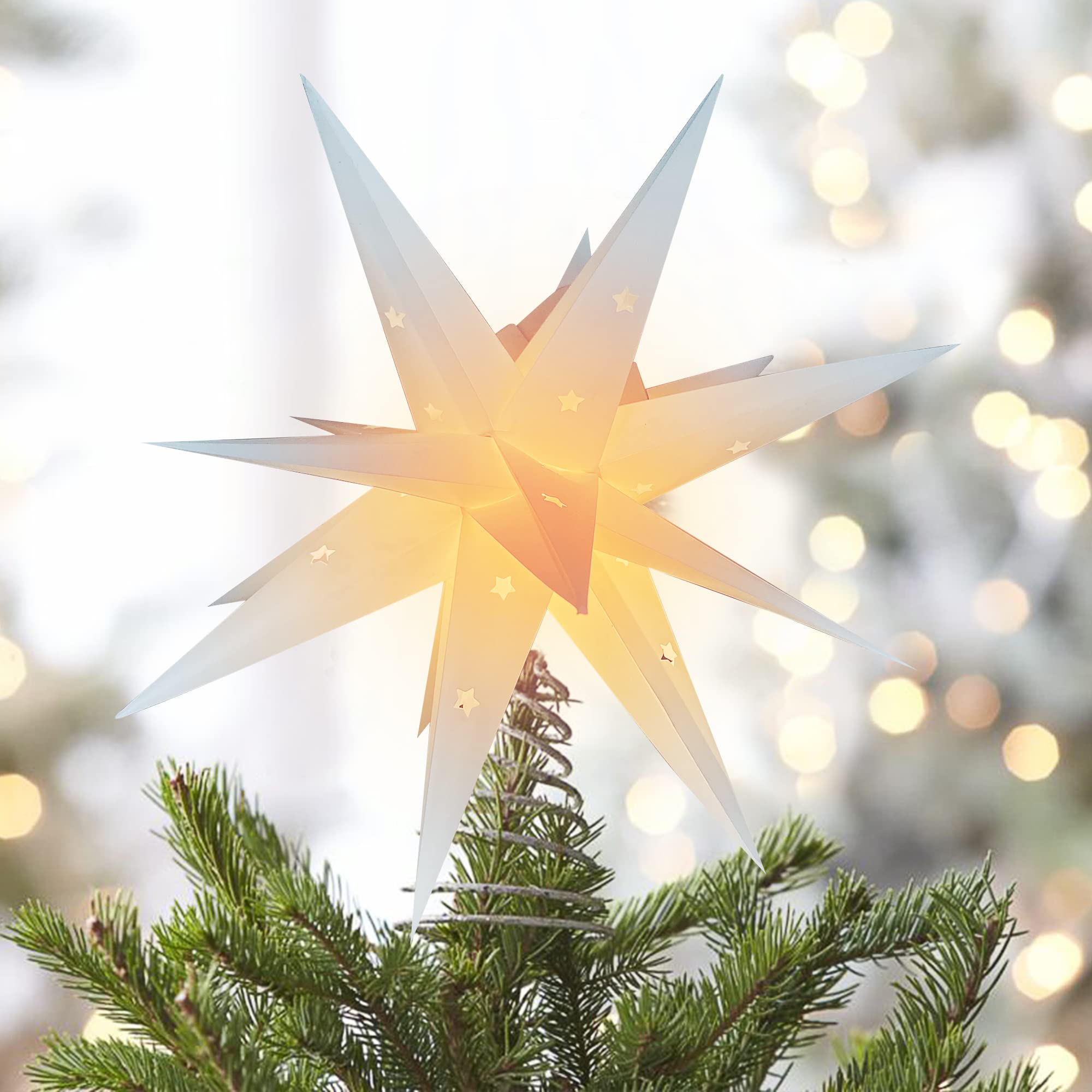 14” Moravian Star Led 18 Point White 3D Star Battery Operated with Timer Function for Christmas Indoor Outdoor Home Decoration