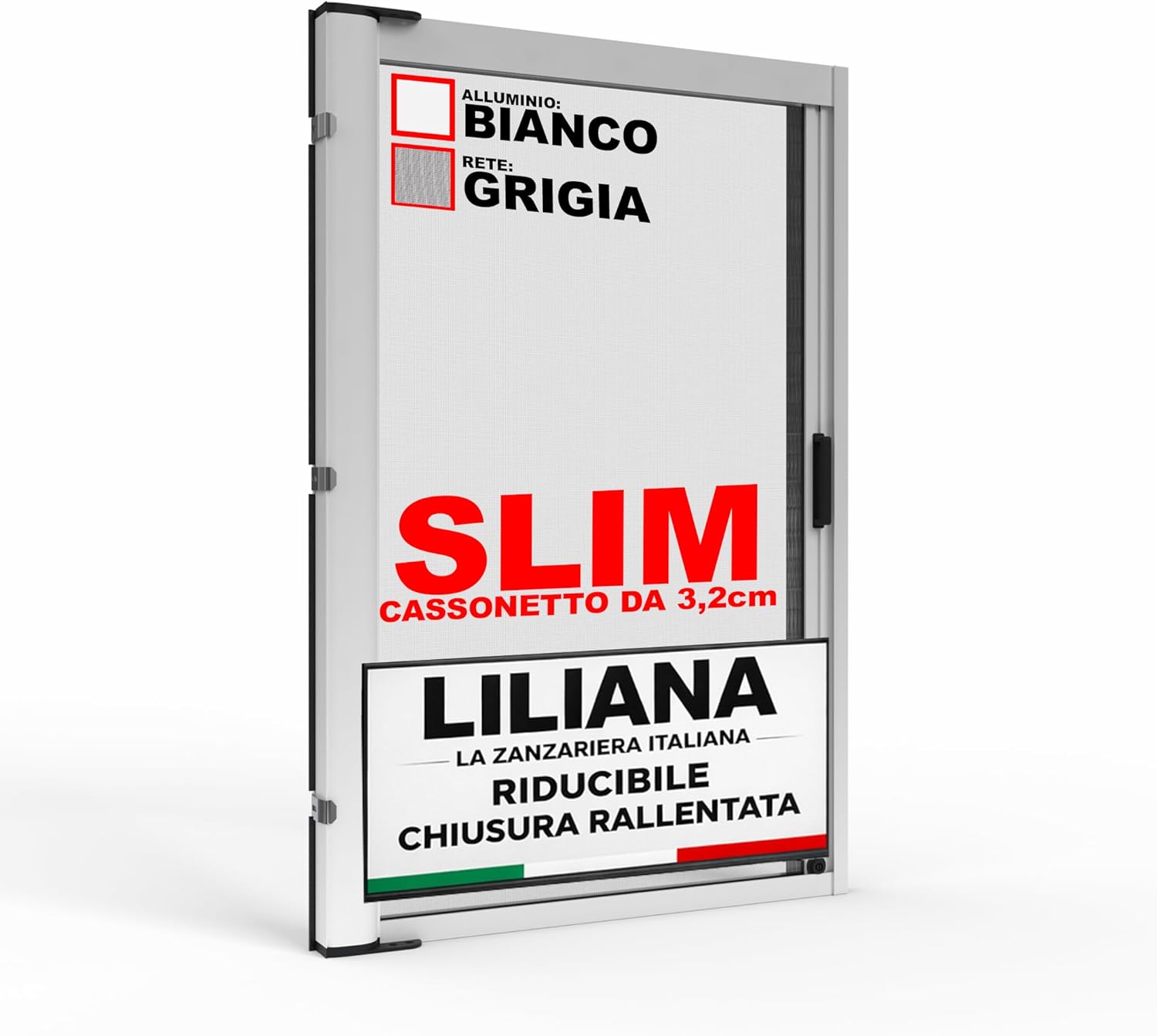 LILIANA SLIM Fly Screen Roller with Box 3.2 cm L 160 x H 250 cm Side Reducable for Windows Doors with Slow Closing and Magnetic – White RAL9010 – Made in Italy