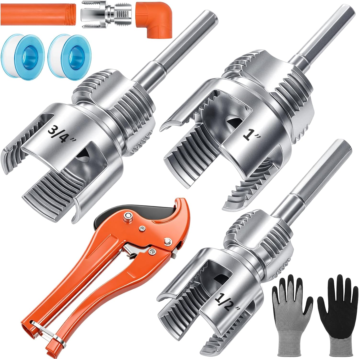 2026 New 4 in 1 Water Pipe Wrench & Pipe Threader Tool Kit - 1/2" 3/4" 1" Internal & External Thread Cutting Tool with 42mm Sk 5 Cutter, 2 Rolls Ptfe Tape Gloves Cutting Tools