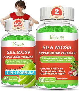 2 Pack Apple Cider Vinegar Gummies, ACV with Sea Moss Gummies for Metabolism, Digestion, Detox, Gut & Immune Health, Apple Flavored -120 Count