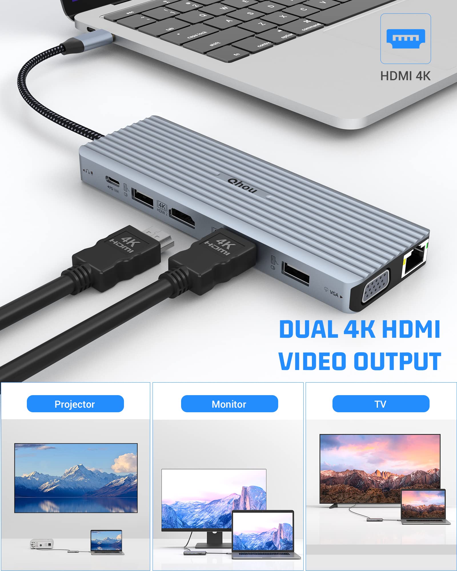 Docking Station Tripler Display 4K HDMI pour MacBook M1/M2, 14 in 1 USB-C Hub (2 HDMI, VGA, USB 3.1 * 2 10 Gbps, USB 2.0 * 4, Audio/Mic, 100W PD, SD/TF, Ethernet) pour Thunderbolt 3 / Windows