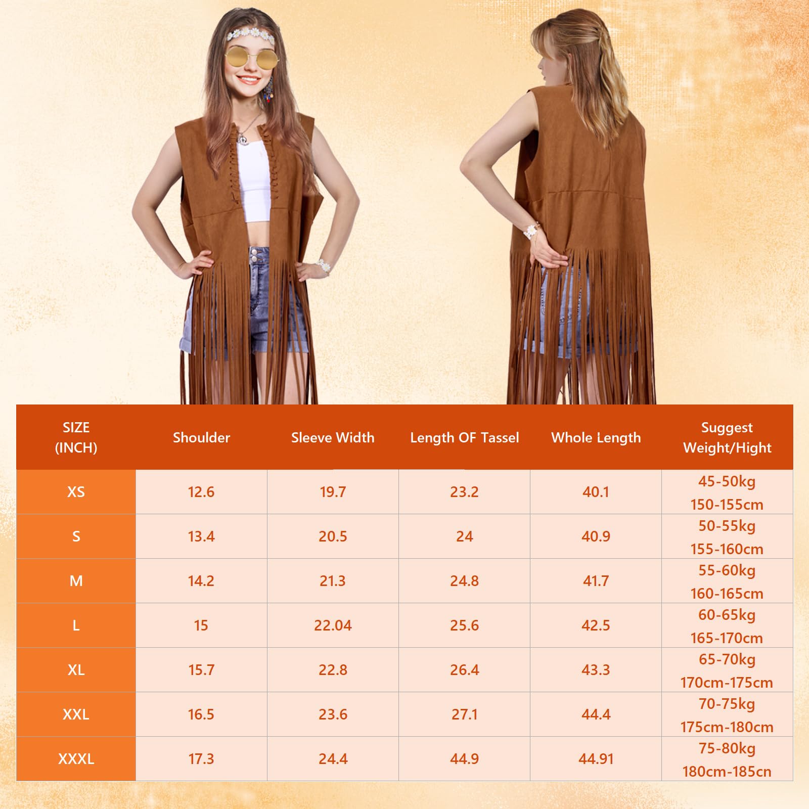 60er 70er Hippie Kostüm Damen Set mit Hippie-Fransenweste und Accessoires,Hippie Kleidung,70er jahre outfit damen, karnevalskostüm Faschingskostüme