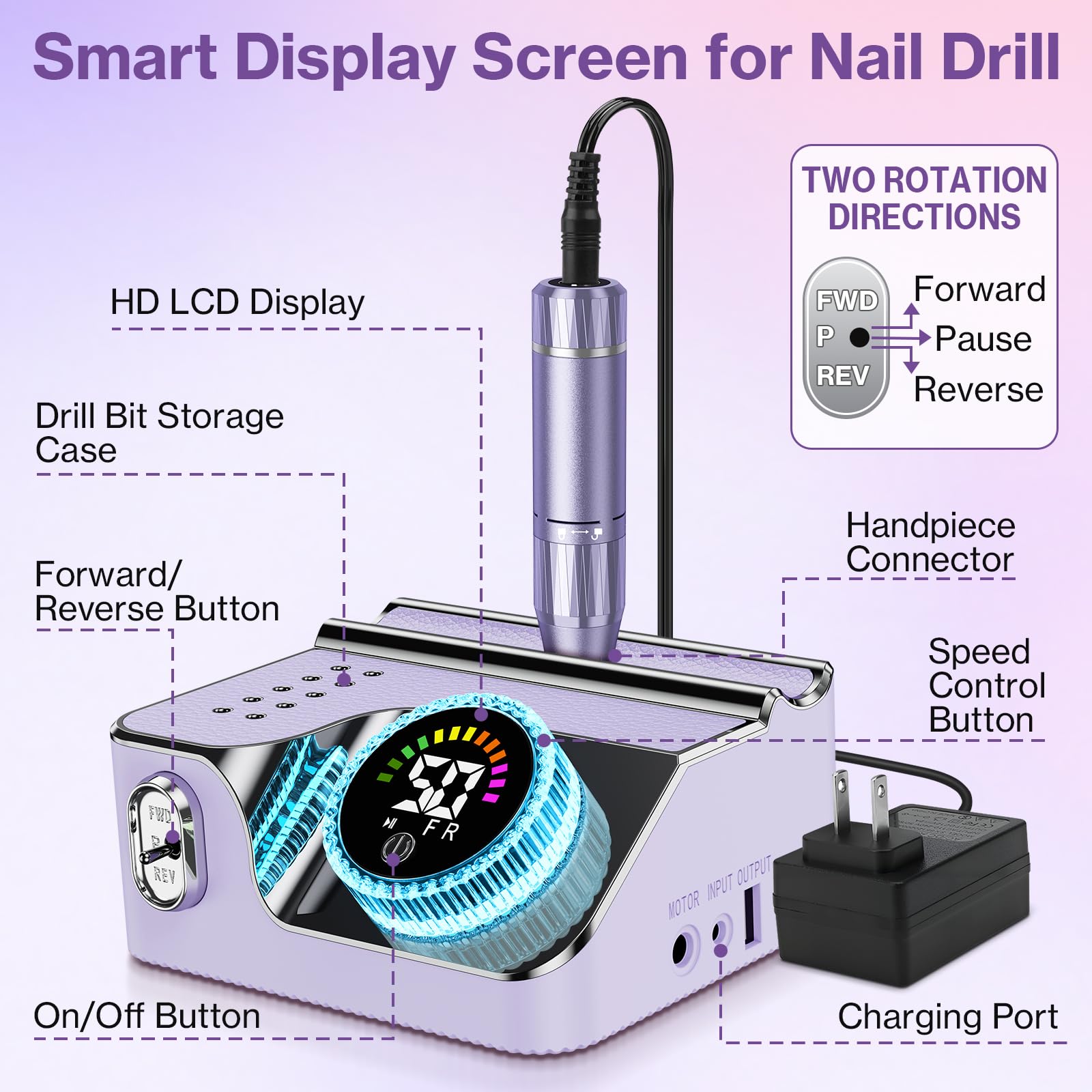 Taladro eléctrico profesional de uñas E-file – Kit de taladros de uñas con cable de 50,000 RPM con bajo ruido y pantalla LED, máquina pulidora de uñas de gel acrílico para salón de belleza y hogar