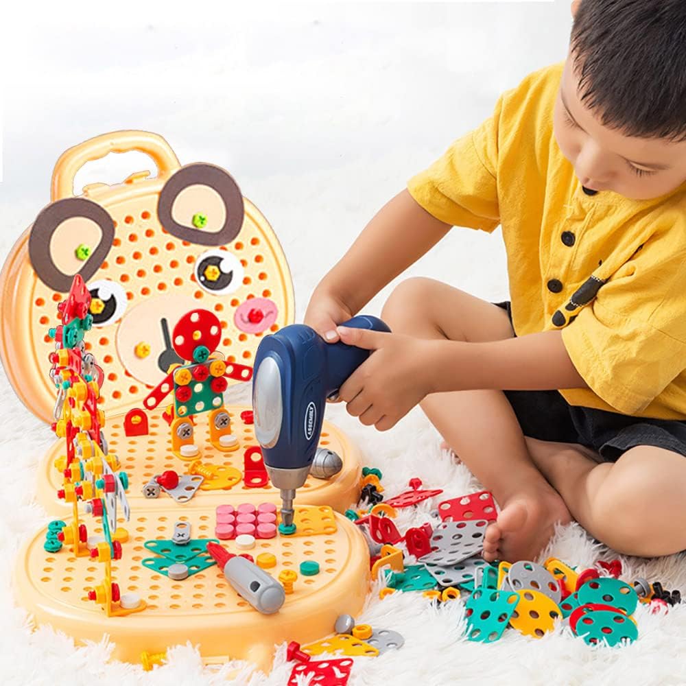 MUMOO BEAR Tool Kit Box for Kids Children Screw and Drill Puzzle Toy set Creative DIY Building Puzzle Toy with Drill & Screw Driver Tool for Toddlers Boys Girls 203PCS (Yellow)