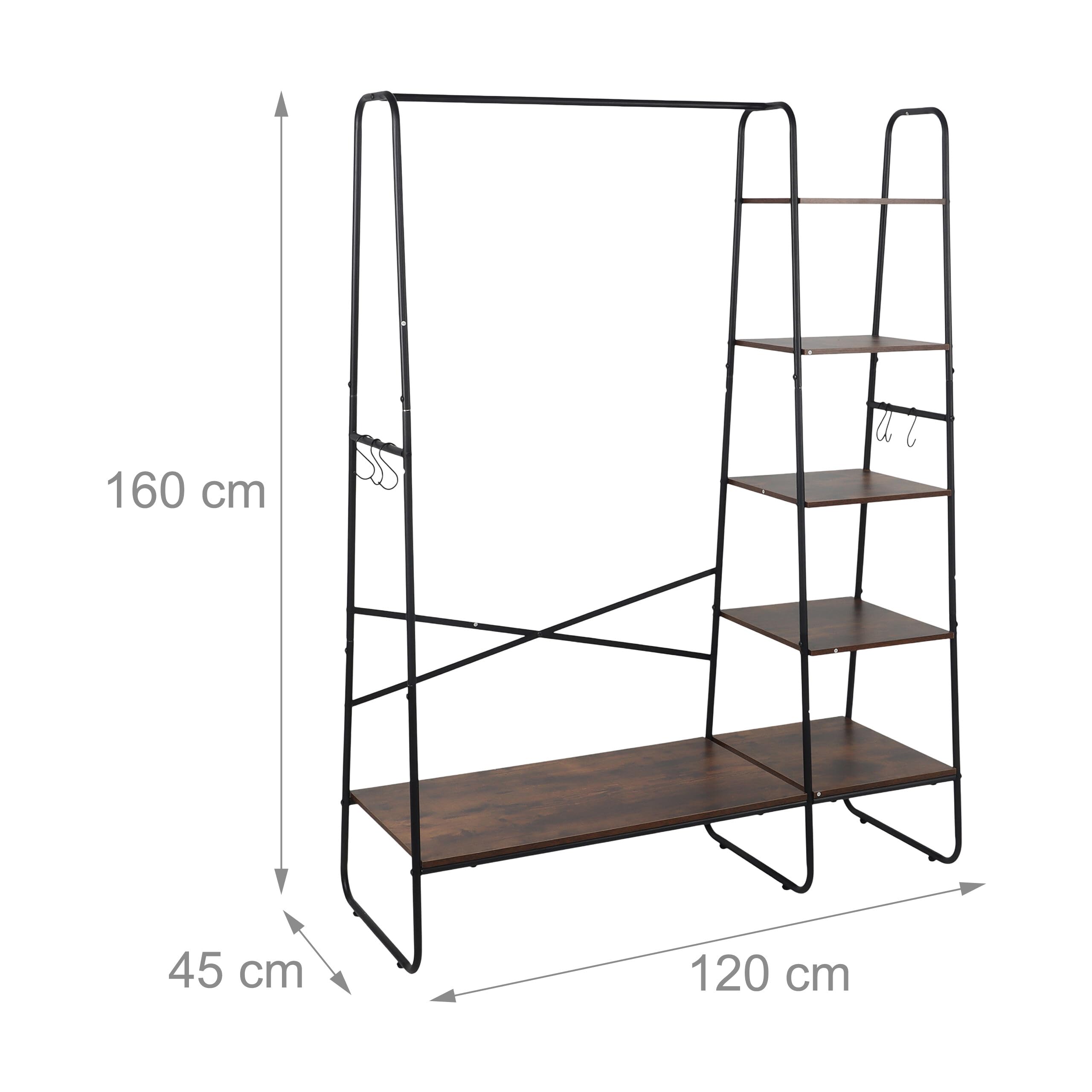 Relaxdays Perchero con 6 estantes y Ganchos, Barra para Ropa, 160x120x45 cm, marrón-Negro