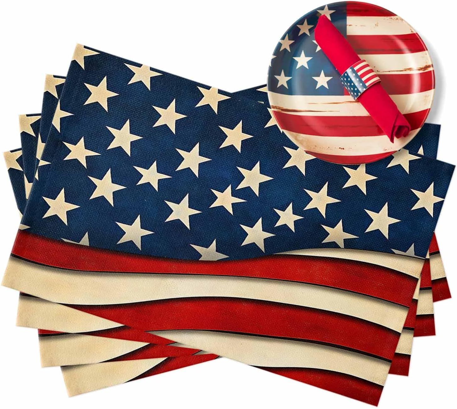 Rustic American Flag Placemats Independence Day Tables Mats for Kitchen Dining Patriotic USA Flags 4th July Tablemats Memorial Day Place Mats for Holiday Party Home Decor Set of 6