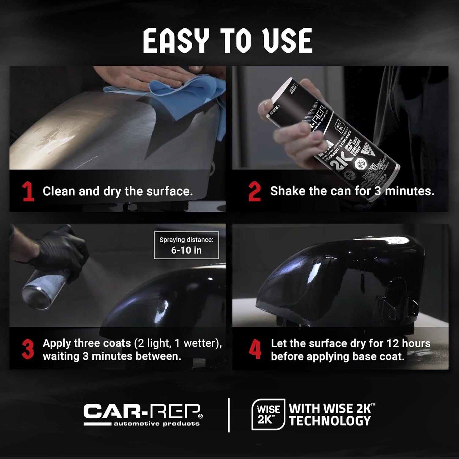 CAR-REP® 2K Epoxy Color Top Coat with Wise 2K Technology, Easy Application, High Coverage, Jet Black High-Gloss, 11oz Aerosol Can