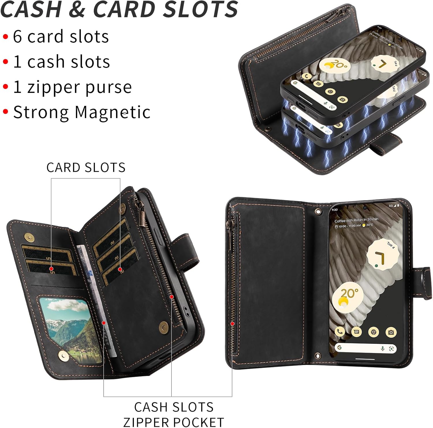 Asuwish Phone Case for Google Pixel 7 Pro 5G Zipper Wallet Detachable Magnetic Cover with Tempered Glass Screen Protector Crossbody Lanyard Card Holder Pixel7Pro Pixel7 XL Seven 7Pro 6.7 Girls Black