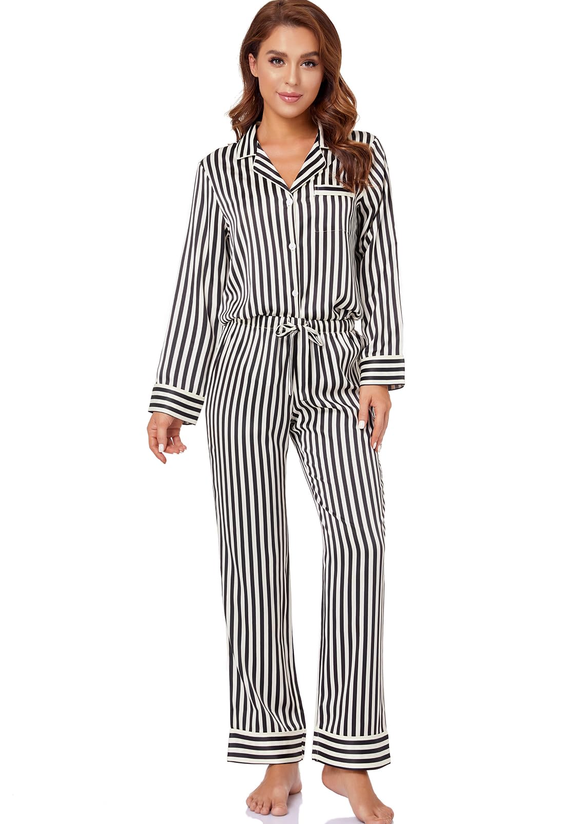 Women's Satin Pajama Set Long Sleeve Button Down Sleepwear 2-Piece Silky Pj Set