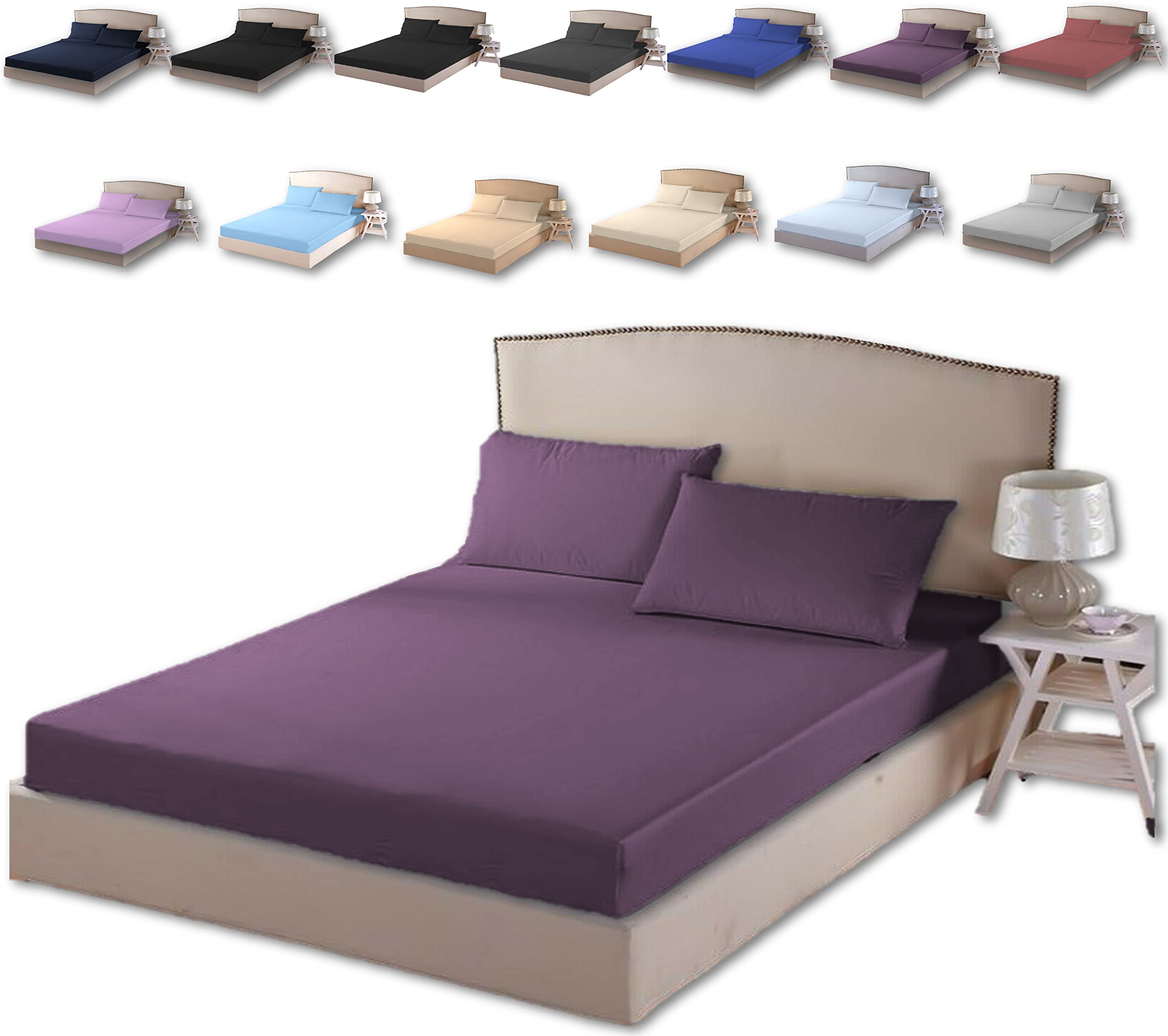 TheWhiteWater Duvet Set - 2/3 in 1 Bedding Set - Duvet Cover + Matching Pillowcases + Fitted Bed Sheets - NPolycotton Pintuck Cover (Purple Plump Shade, Fitted Sheets - Super King)