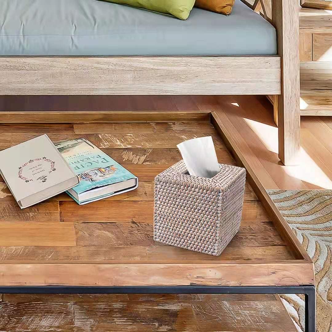 2 Pack Rattan Tissue Box Cover Square, Hand Woven Wicker Tissue Holder, 5.5 x 5.5 X 5.7 inch, Whitewash image 5
