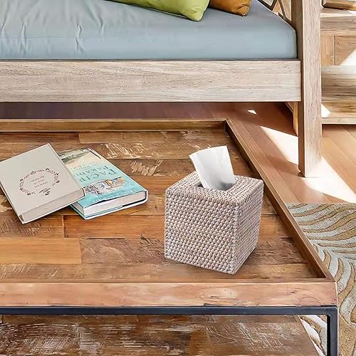 Miniatura 6 de Cubierta cuadrada para caja de pañuelos de ratán, soporte para pañuelos de mimbre tejido a mano, 5.5 x 5.5 x 5.7 pulgadas, blanqueado