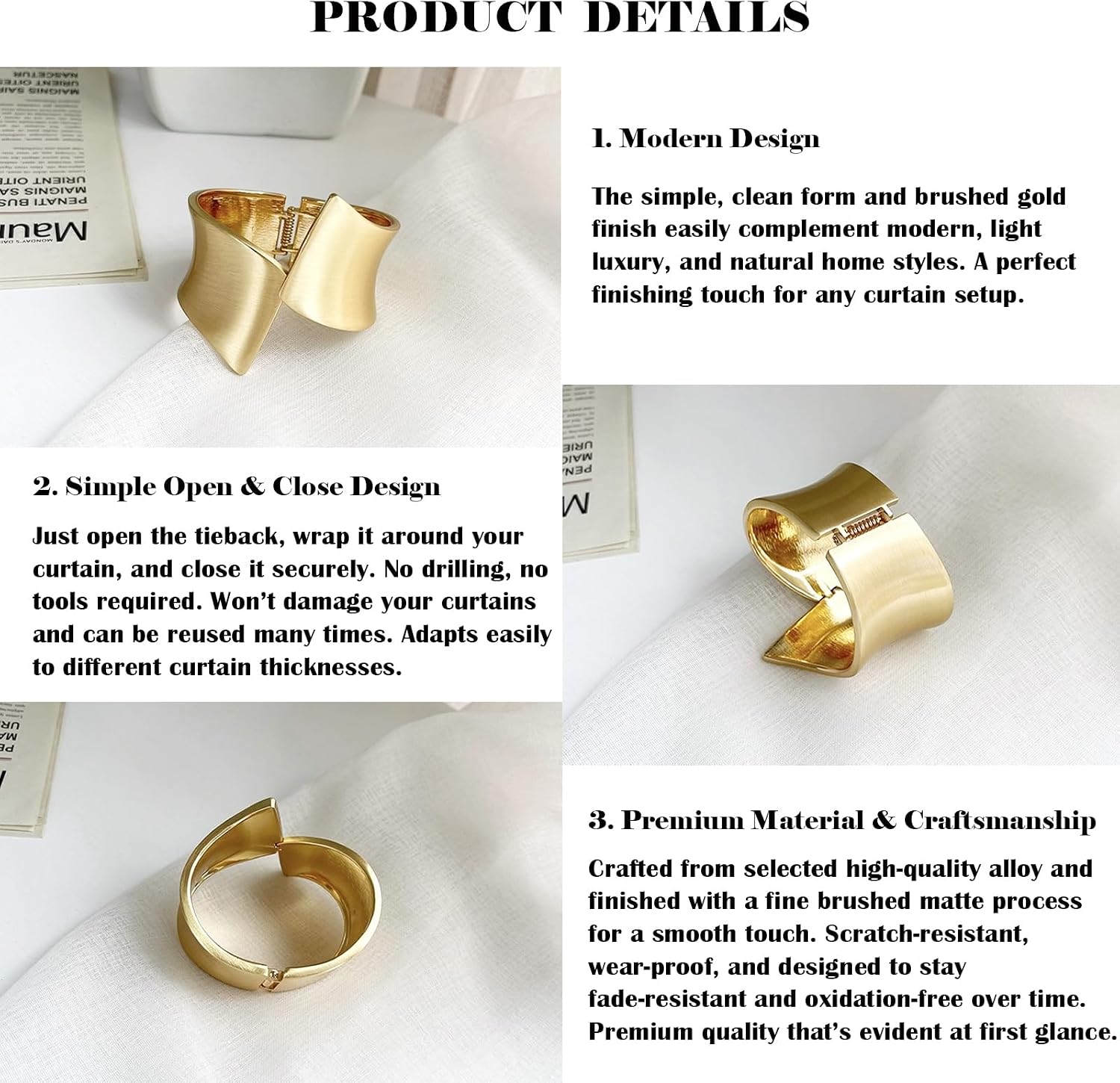 2 Pack Gold Curtain Tiebacks for Medium Thick Curtains | Quality metal, matte gold finish, smooth touch, rust-proof, for medium to thick curtains, modern home décor