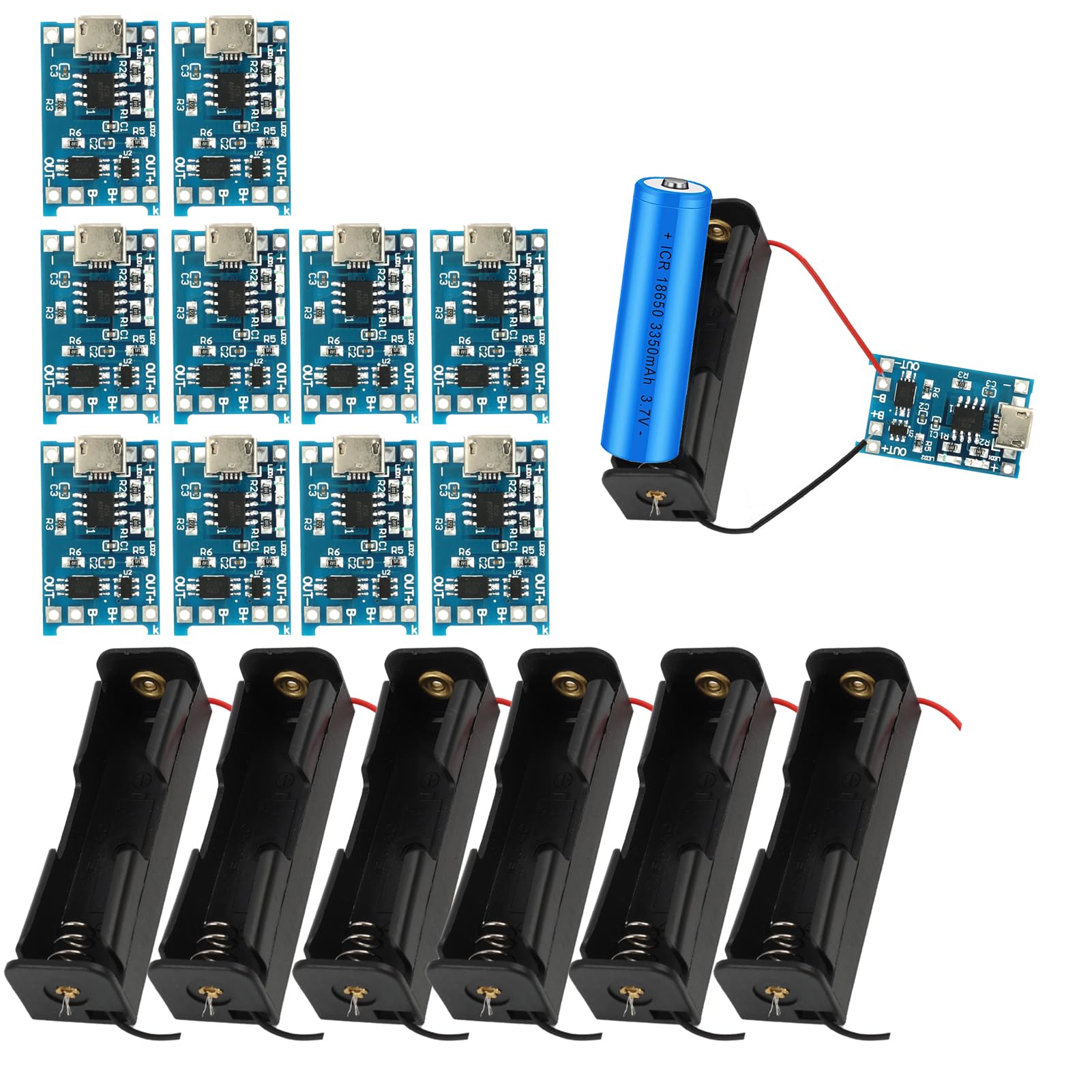 10 sztuk modułu ładowarki litowo-jonowej USB 5V 1A typu C, 6 sztuk uchwytów na baterie 3,7V z kablami podłączeniowymi, jednoszynowa płyta ładująca i podwójne funkcje ochronne (10 sztuk Micro USB +