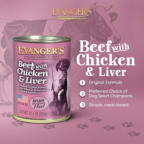 Miniatura 2 de Evanger's Heritage Classic - Comida para perros de carne de res con pollo e hígado, 12 unidades, 12.5 onzas cada una, receta estilo pan con