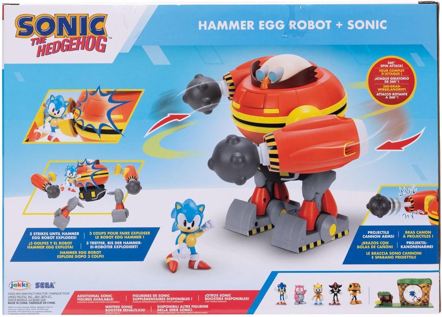 JAKKS Pacific Sonic The Hedgehog 2.5" Action Figure Hammer Egg Robot Deluxe Playset. 360 Degree Spin Attack and Projectile Cannon Arms! 3 Strikes Until Hammer Egg Robot Explodes!