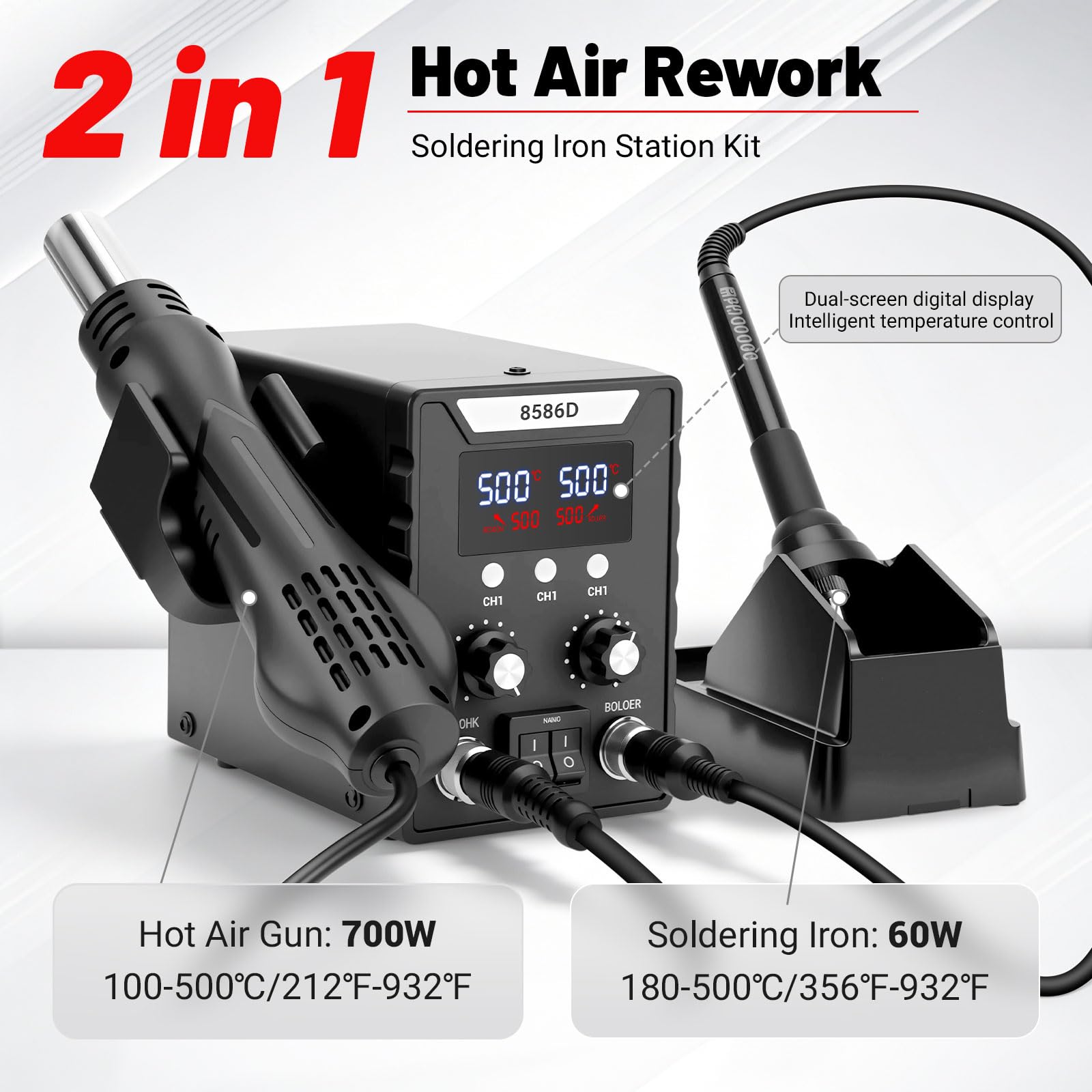 RUIZHI Stazione di Saldatura 2 in 1 Kit Saldatore 100–500°C | Pistola ad Aria Calda 700W con Doppio Display LED, Set di Saldatura per Scuole, Laboratori e Riparazioni