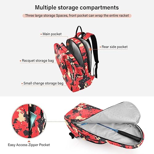 Miniatura 5 de Mochila de tenis de bádminton linda y resistente camuflaje rojo camuflaje 2 raquetas de tenis, bolsa de gimnasio para hombres y mujeres, bolsa