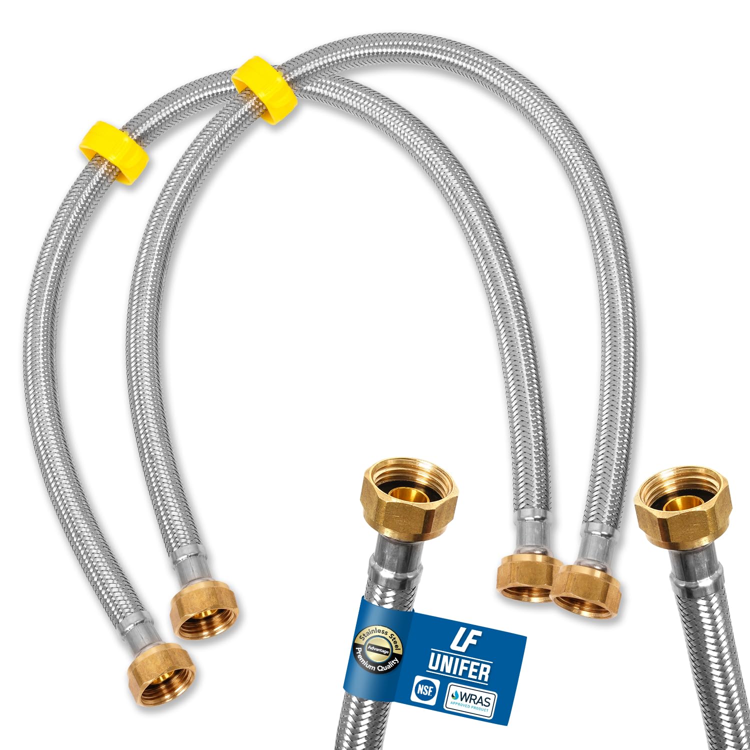 Flexible Tap Connector 1/2" x 1/2" BSP, 600mm (24") Pack of 2, 304 Stainless Steel Braided Hose with Brass Female Fittings, PVC Inner Tube, Durable,WRAS & NSF Approved Hot & Cold Water Supply